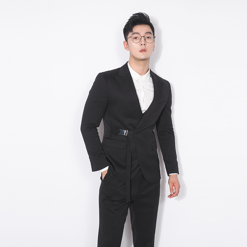川泽宽领黑色西装外套男韩版时尚系带修身小西装微弹纯色宴会单西