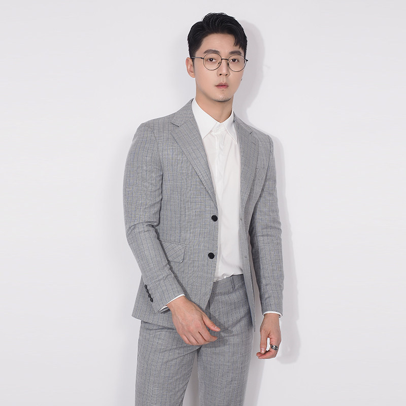 川泽男士条纹灰色西装件套新款韩版修身轻商务西服套装