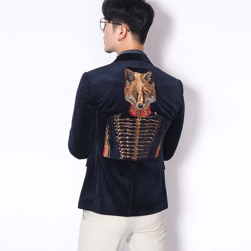 西装重工刺绣狐狸公爵金丝绒外套男士新款蓝色西服