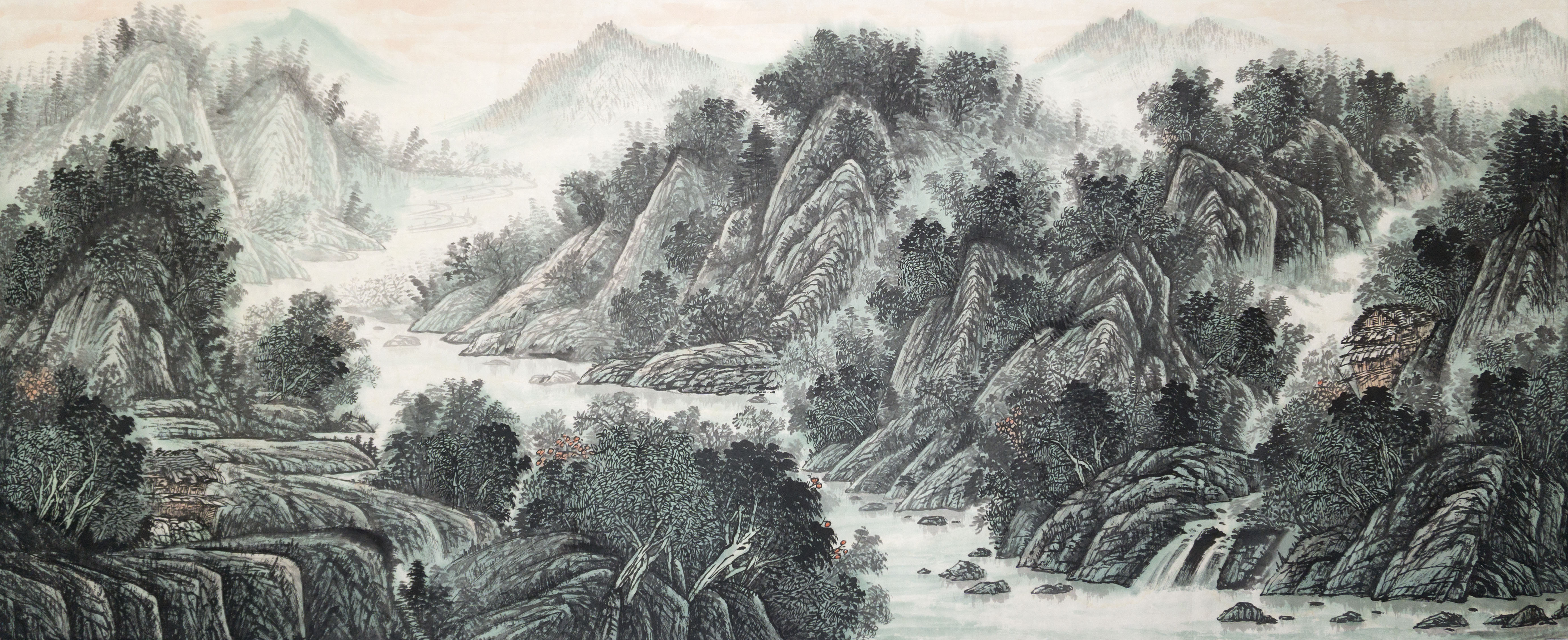 风水装饰客厅山水风景八尺古月轩手绘国画国画