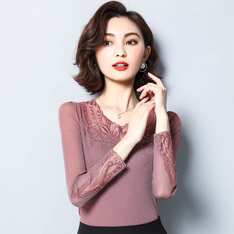 低领春秋蕾丝打底衫女长袖薄款百搭蕾丝衫