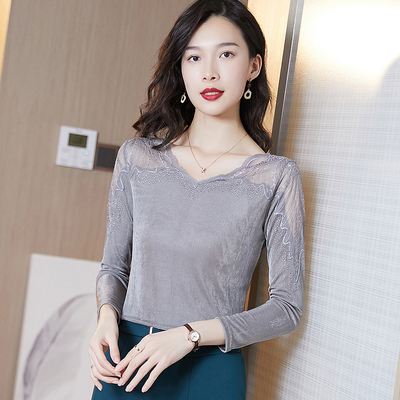 时时价 女装 时尚u搭配 低领蕾丝打底衫女长袖春秋百搭镂空网纱上衣