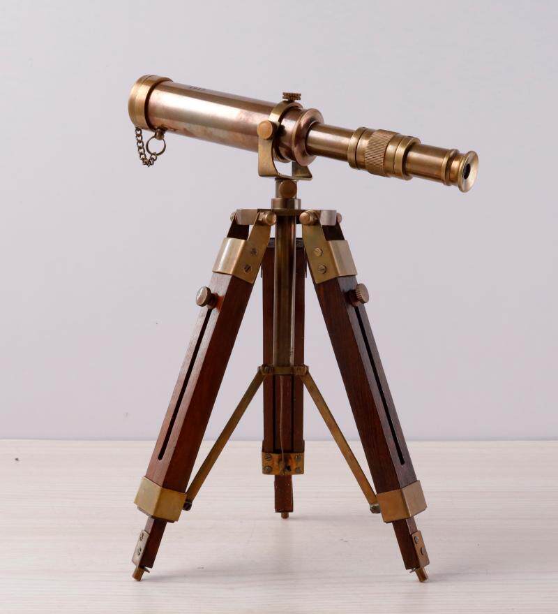 印度进口实木配铜望远镜书房办公室摆件工业复古摆件