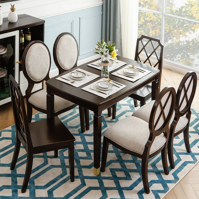 美式轻奢实木圆弧餐桌椅子组合家用吃饭饭桌餐桌