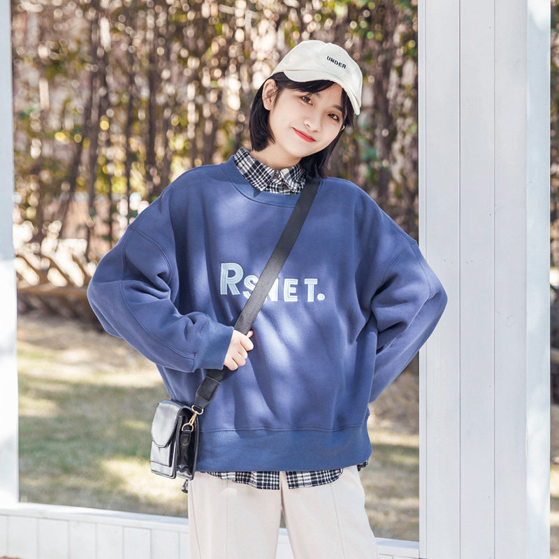 waitmore加绒卫衣女2020新款潮ins宽松韩版bf风穿搭百搭圆领上衣