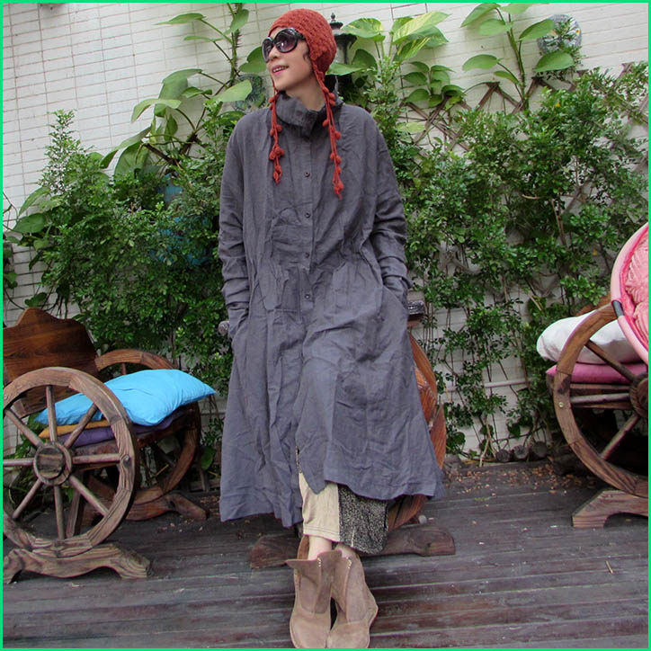 一介布衣闲云野鹤原创大气亚麻皱褶开叉单层风衣风衣