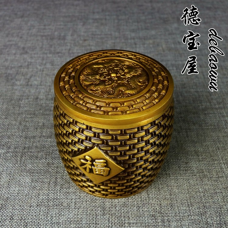 纯铜竹编图案福字罐五谷丰登粮仓金斗招财罐储收纳摆件