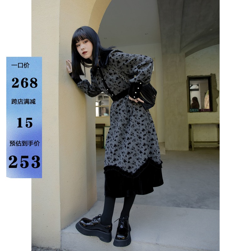 芍药居少女「花の爱丽丝」暗黑少女肌理小众面料海军领长袖连衣裙