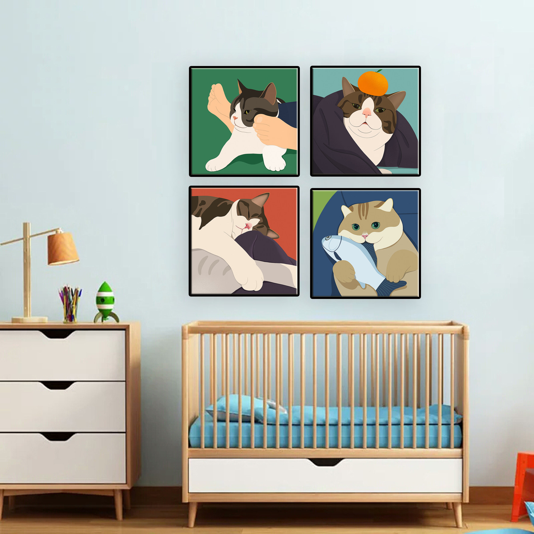 现代简约儿童猫咪装饰画喵星人莫兰兰迪复古壁画直播现代装饰画