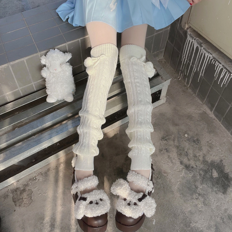 lolita毛球袜套针织甜美可爱卡哇伊少女软妹萝莉制服过膝保暖腿套