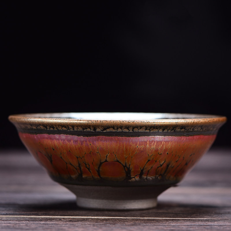 苼宝建盏手制红牡丹官帽盏红油油滴茶杯茶具主人茶杯