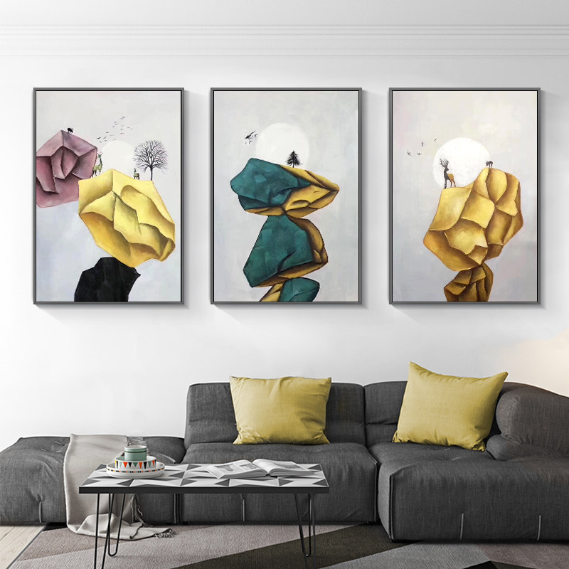 手绘油画三联客厅组合抽象画现代简约北欧装饰画酒店挂画手工定制
