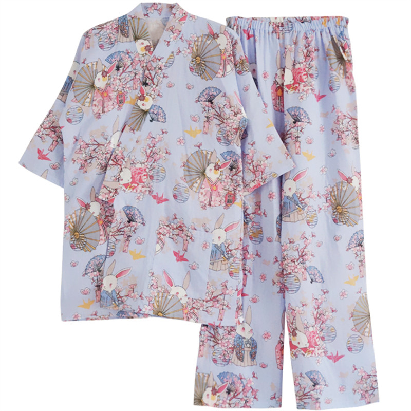 春夏薄款日式和服睡衣女纯棉麻纱布浴衣套装卡通可爱家居服七分袖