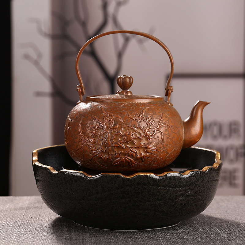手工雕花紫铜纯铜老壶自然包浆复古茶壶红铜茶壶