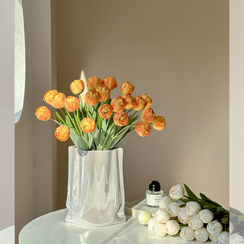 ແສງສະຫວ່າງຫລູຫລາສູງການຕົກແຕ່ງເຮືອນດອກໄມ້ປີ້ງແຂບ double tulip ດອກປອມປອມແປງ floral bouquet ຮູບພາບ props