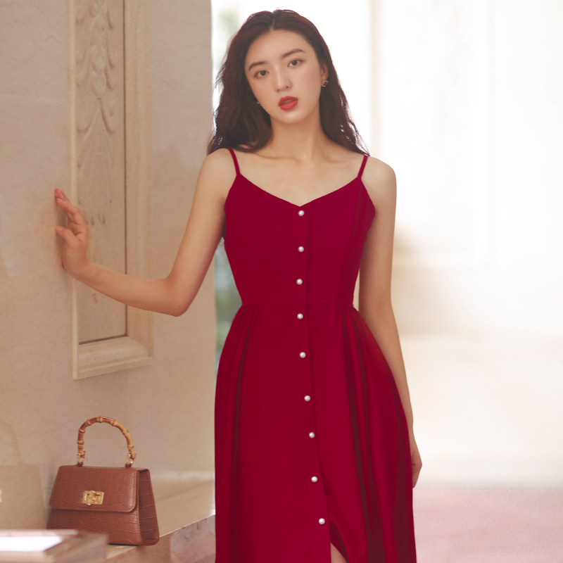 夏季新款复古红色吊带连衣裙海边度假性感沙滩连衣裙