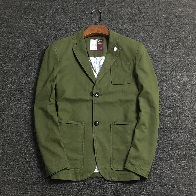 军绿色休闲西服 秋天男休闲便西 欧美简约纯色休闲男单西夹克外套