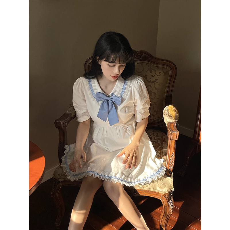 陨石少女《夏日海风》日系甜美蓝织带白色连衣裙春夏泡泡袖初恋裙