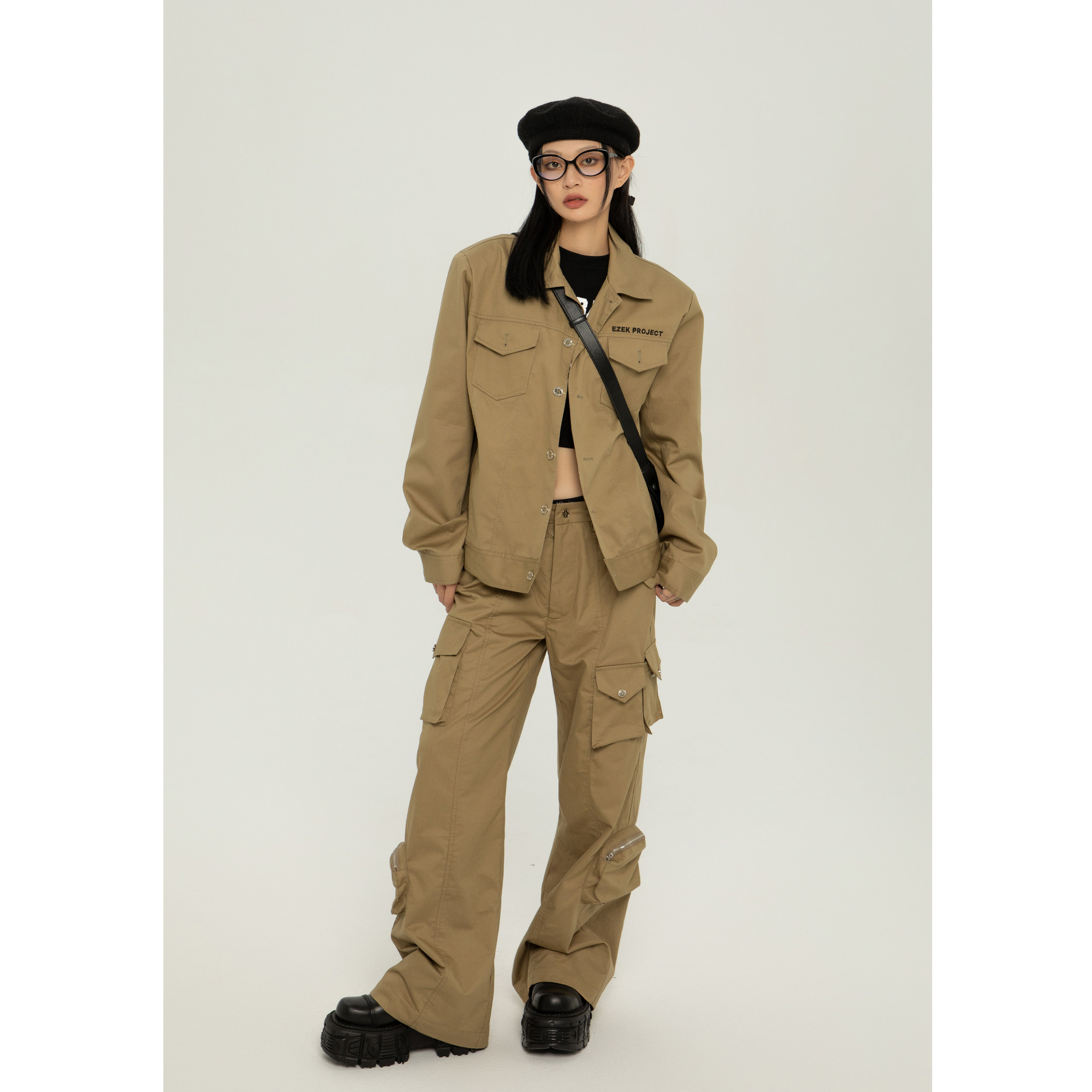 ezek原创美式复古棕色工装套装街头潮牌夹克时尚套装