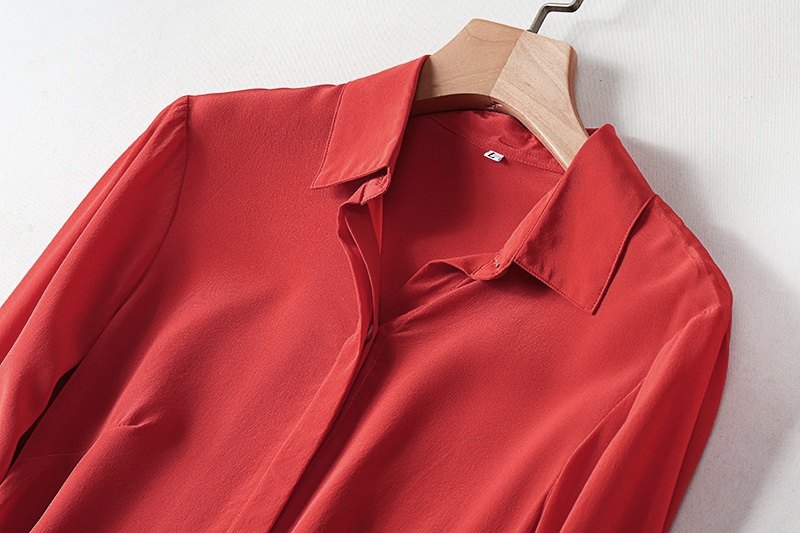 真丝双绉西红衬衫女桑蚕丝小衫时尚洋气长袖衬衫