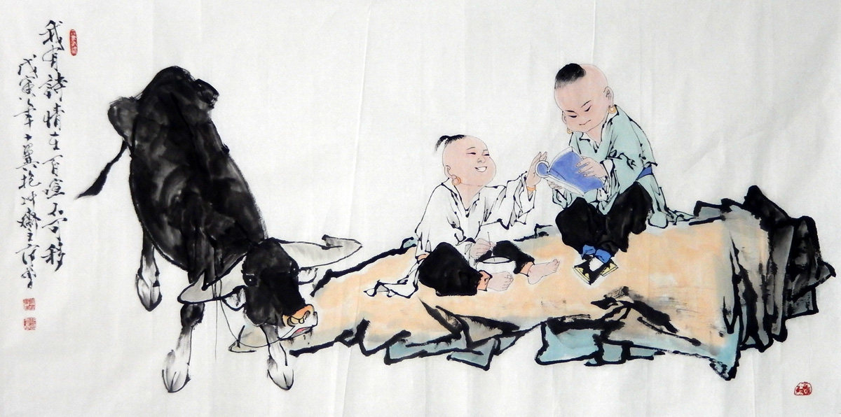 仿范书房孩童牧牛横幅四尺收藏国画曾人物真迹国画