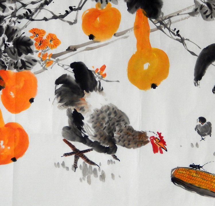 黄山川客厅合家福葫芦公鸡母鸡四尺花鸟画写意水墨国画