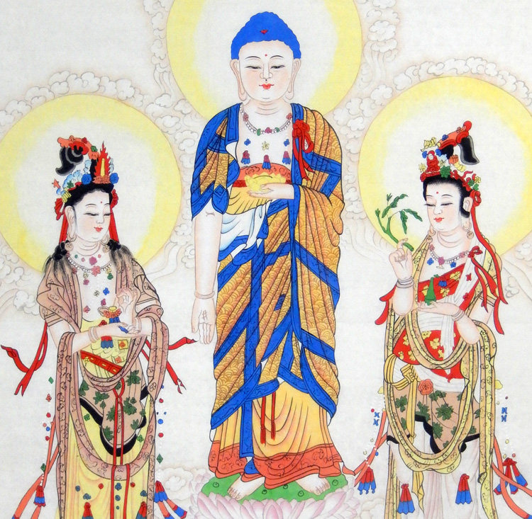 手绘像画国画佛教西方三圣菩萨画像观国画