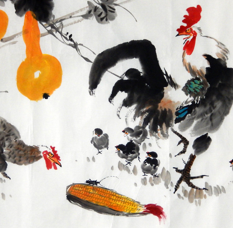 黄山川客厅合家福葫芦公鸡母鸡四尺花鸟画写意水墨国画