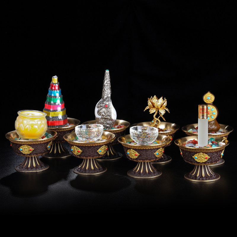 密宗八供套装佛具佛堂家用吉祥供养铜供杯海螺塔摆件