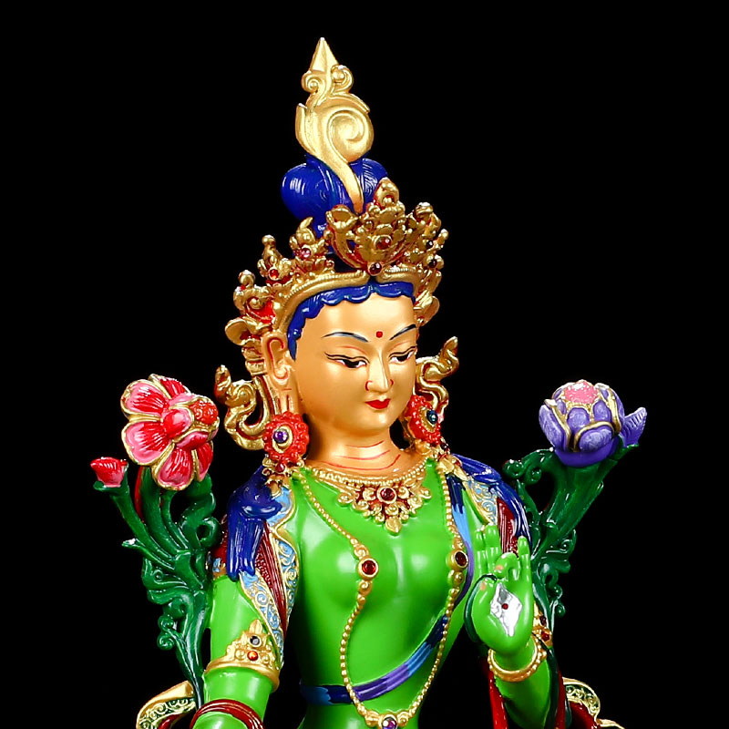 藏传绿度母佛像彩绘鎏金观音菩萨供奉家用佛堂密宗供具绿度母摆件