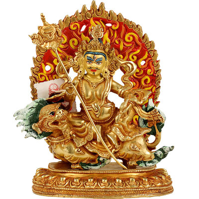 藏传财宝天王佛像尼泊尔手工全鎏金密宗财神毗沙门佛教像摆件 7寸本场
