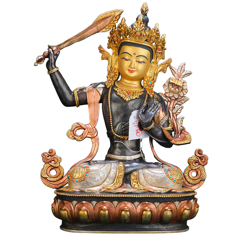菩萨文殊佛像尼泊尔纯铜古色金银密宗佛堂摆件摆件