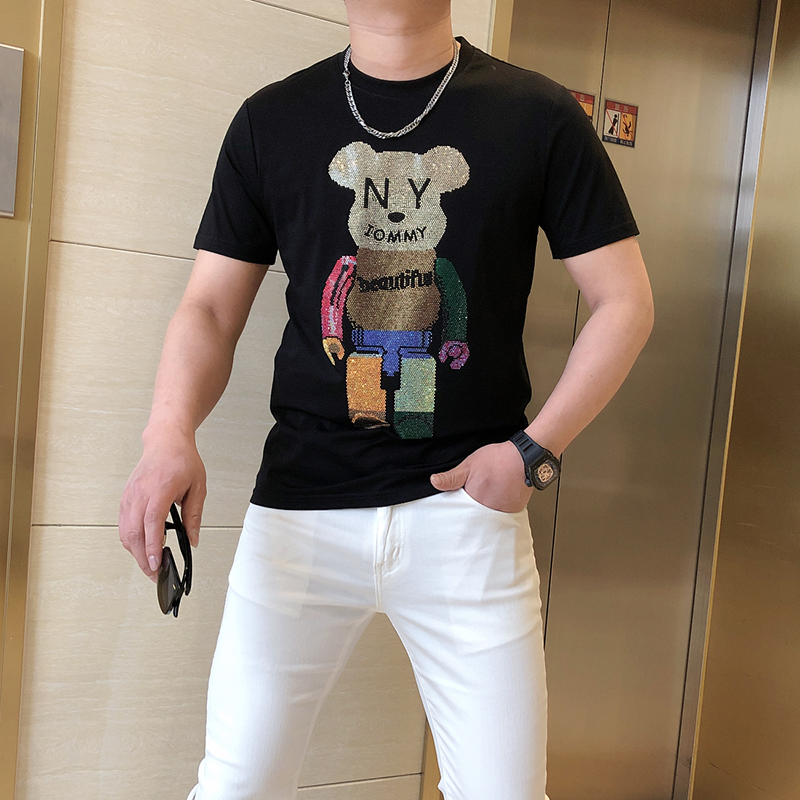 欧洲站2021夏季新款潮牌欧货男士圆领潮流烫钻短袖帅气百搭T恤潮