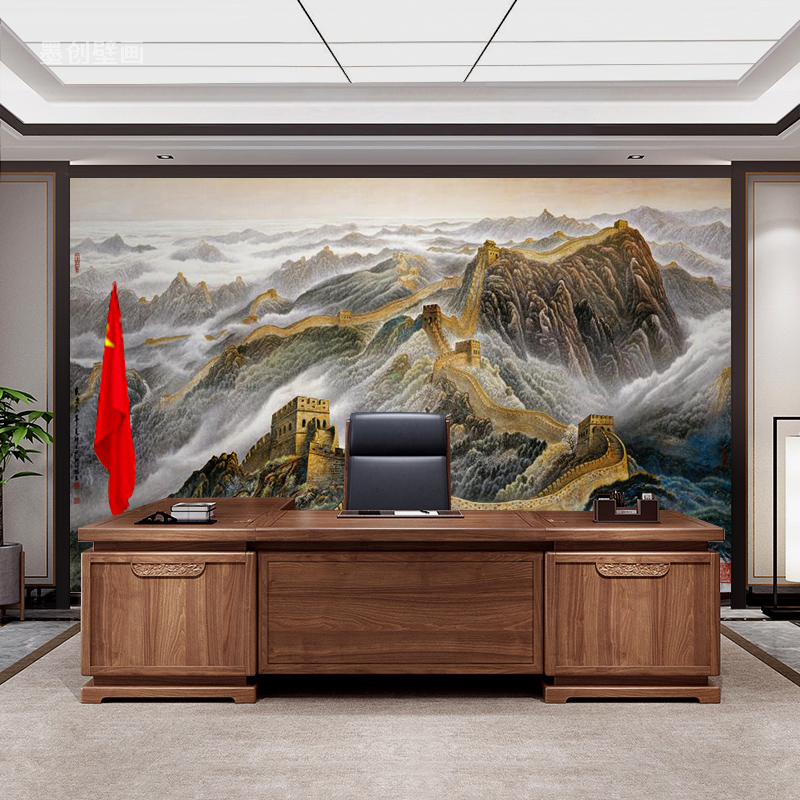 山水画长城背景墙领导办公室装饰总裁老板前台靠山无纺布墙纸