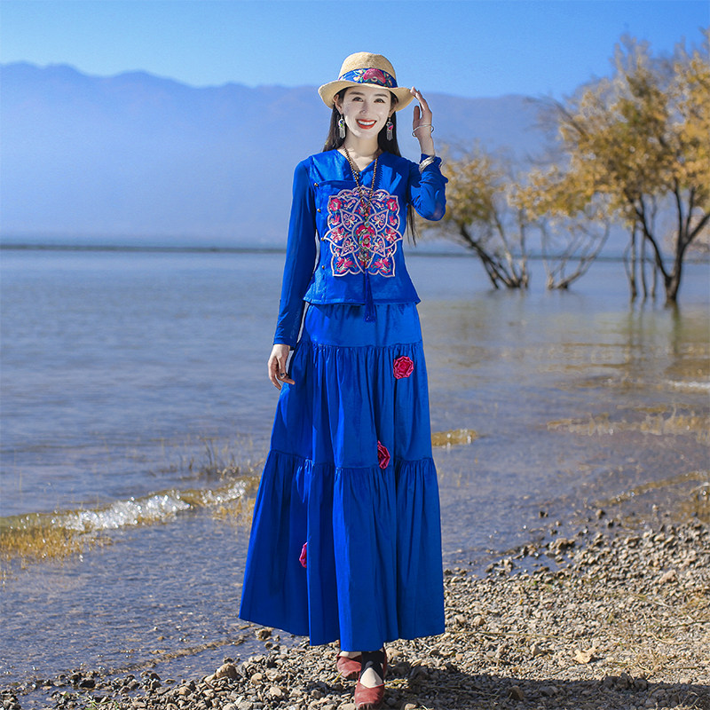 千蹈妆云锦原创民族风大摆显瘦百搭半身裙宝蓝色半身裙