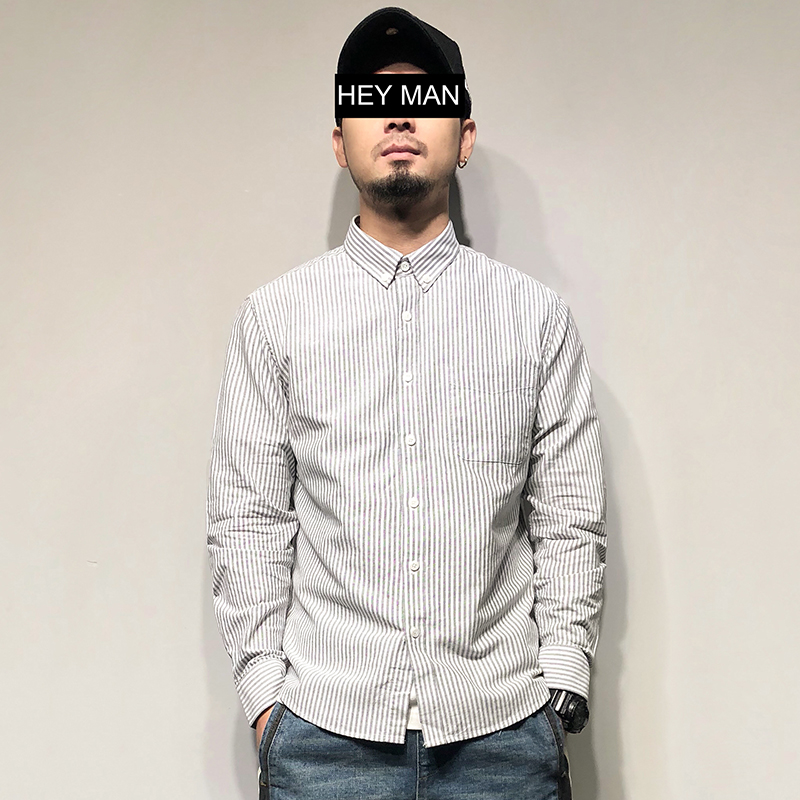 HEY MAN春秋日系复古潮流竖条纹翻领修身衬衫 青年休闲长袖衬衣男
