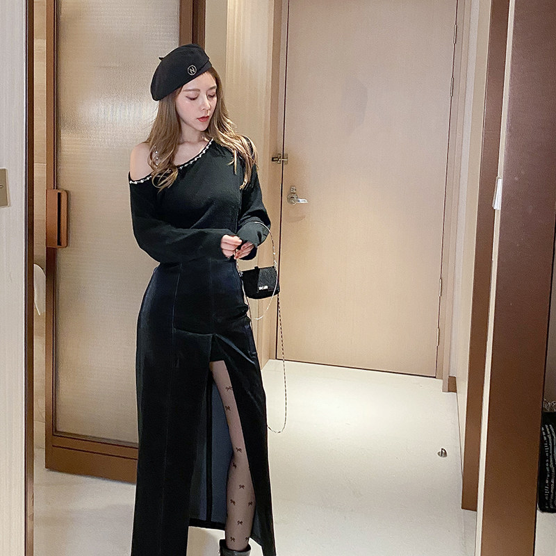 诗雨聚会王炸长款开叉皮裙女冬纯色包臀裙高腰梨形身材半身裙潮