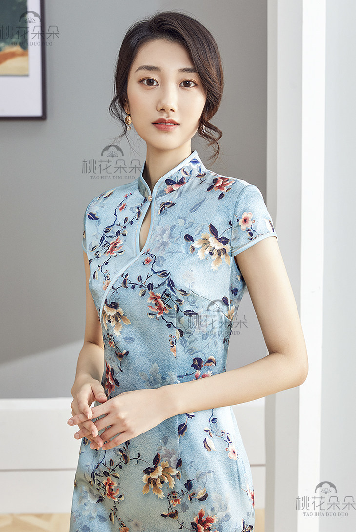 桃花朵朵新中式中式滴水领旗旗袍连衣裙0735旗袍