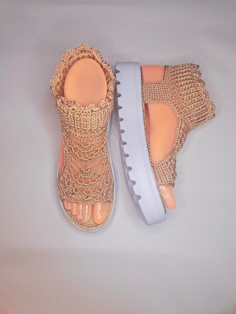 手工钩织新款时装凉鞋牛筋软底纯色露趾平跟时装凉鞋