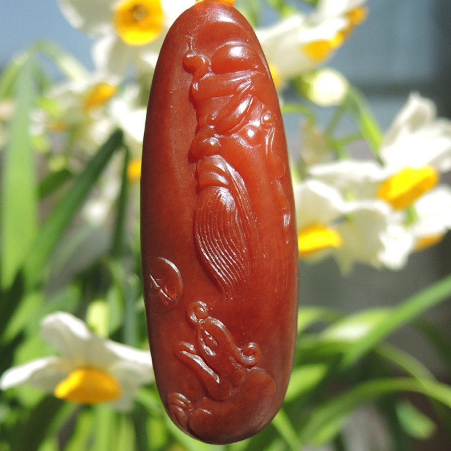 方言镇店之宝全玉种结构红玉玉红沁籽挂件长条型原石颈饰