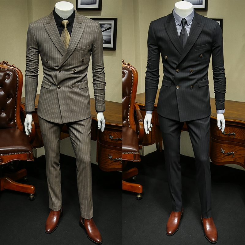 136524欧美双排扣条纹结婚西装男套装新郎修身韩版英伦风个性潮流