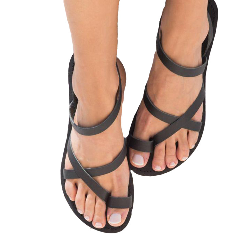 cowhide希腊代购手作迷人舒适耐用夹趾平底黑色时装凉鞋