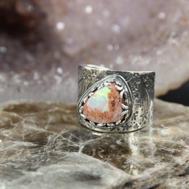 法国代购loyalty手作华丽圆形蛋白白石纯银雕刻手饰