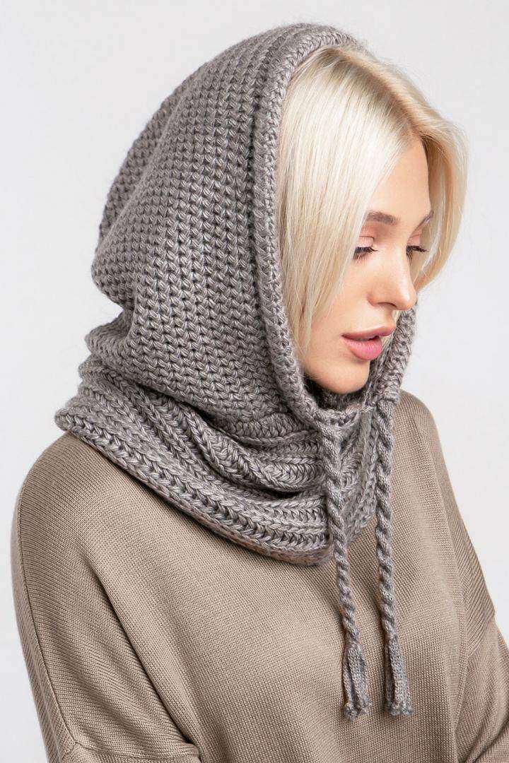 乌克兰代购hooded手作柔软舒适冬日保暖灰色针织围巾