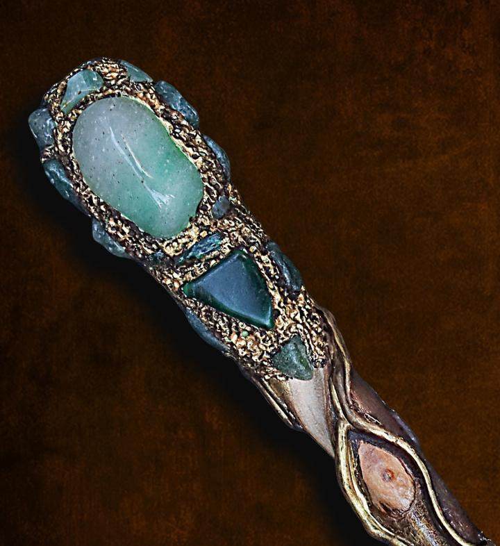 英国代购healing◇手作古老冬青木螺旋形绿玉绿色翡翠水晶魔杖