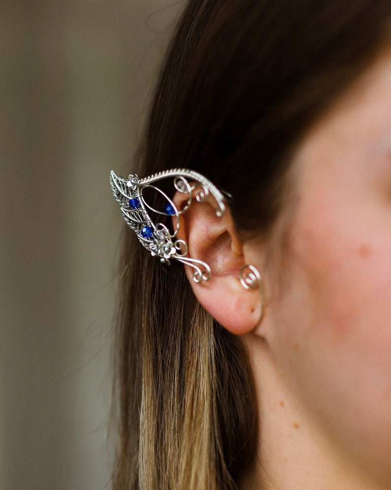 美国代购elven手作精致蓝色小精灵耳朵叶子叶子花耳夹