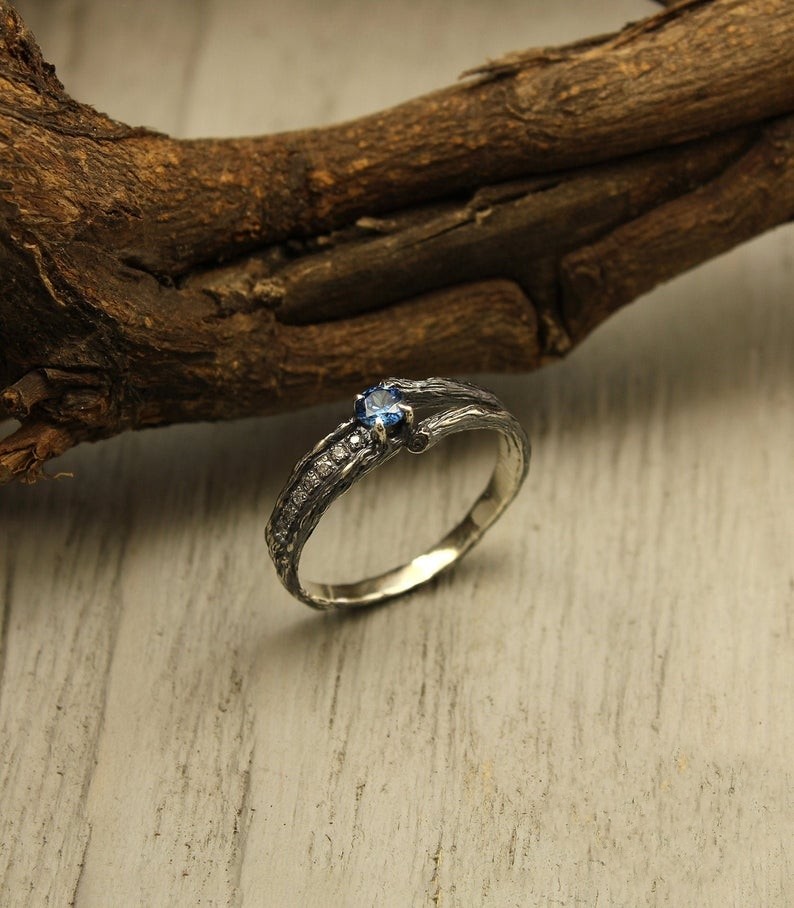 乌克兰代购dainty手作精致14k小树枝蓝色托帕石钻石戒指