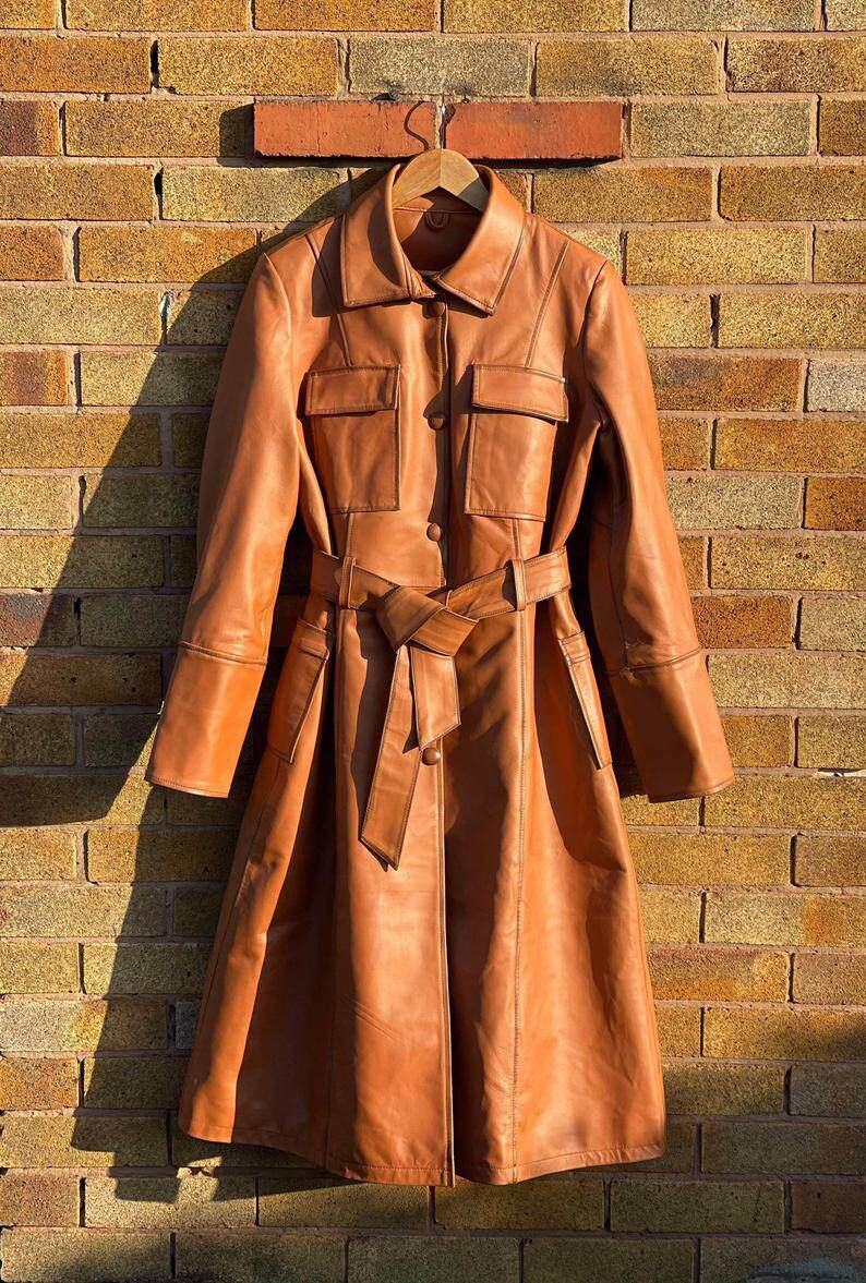 英国代购overcoat手作意大利风格羊皮腰带大衣真皮皮衣