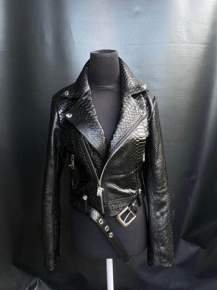 印尼代购biker手作复古经典奢华黑色蟒蛇蛇皮皮衣