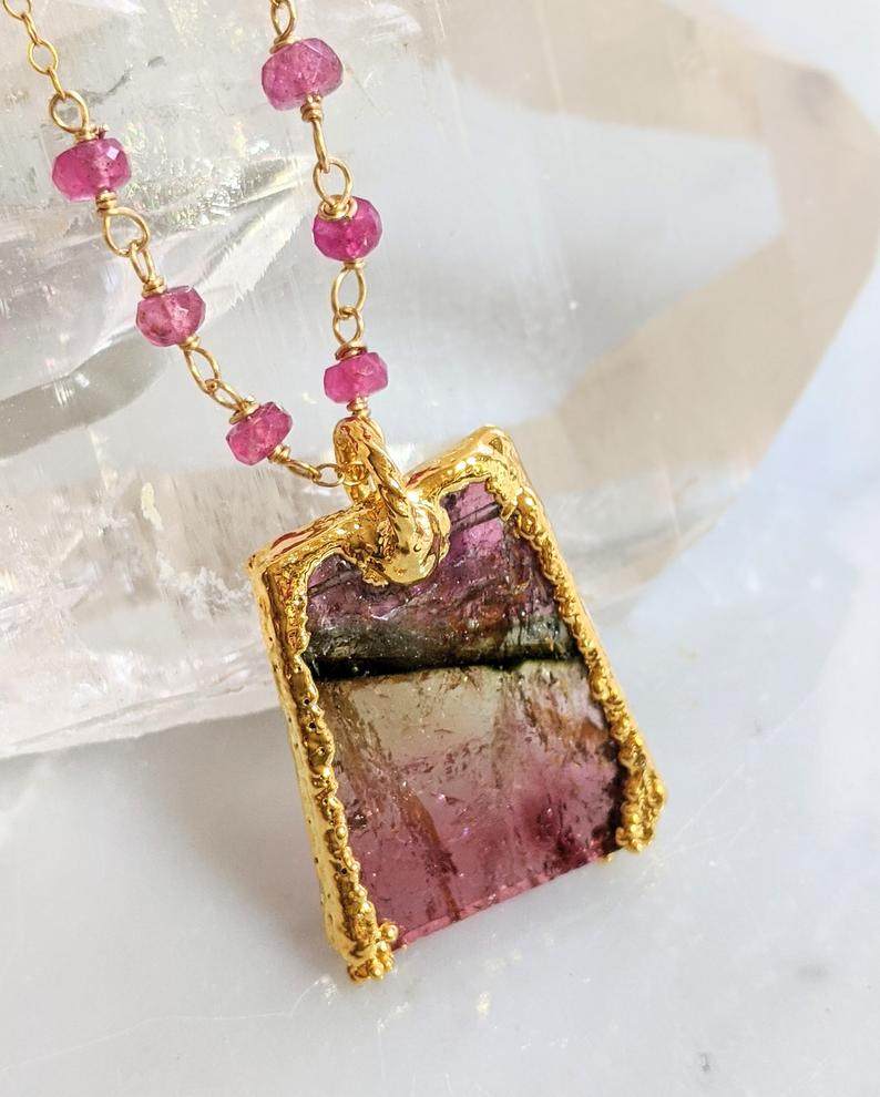 海外代购tourmaline手作华丽优雅双色碧玺切片粉红项链定制